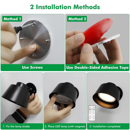 Night Light Wireless Wall Light Indoor LED 2 Pack,Battery Operated Wall Lights Rechargeable Lamp with Remote,Touch Lamp Dimmable Wall Sconces Bedside Lamp for Bedroom Livingroom (Black, 2Pack) [Energy Class E].