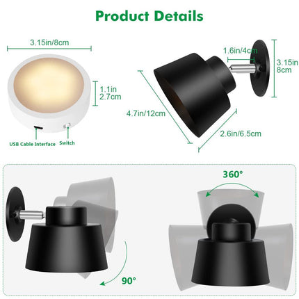 Night Light Wireless Wall Light Indoor LED 2 Pack,Battery Operated Wall Lights Rechargeable Lamp with Remote,Touch Lamp Dimmable Wall Sconces Bedside Lamp for Bedroom Livingroom (Black, 2Pack) [Energy Class E].
