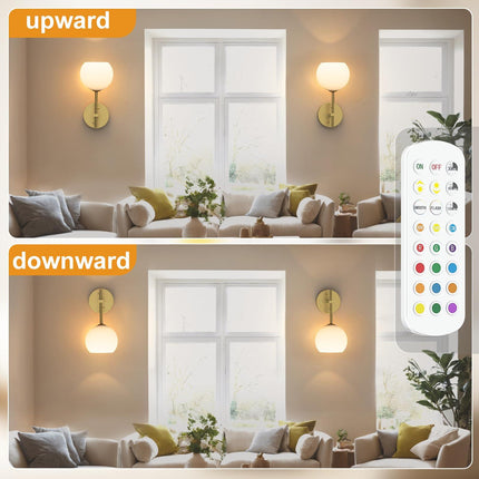 Rechargeable Wall Light Indoor,Battery Operated Wall Lamp with Remote,Indoor Wall Light with 3 Color Modes and RGB,Frosted Glass Wall Mounted Lamp for Living Room Bedrooms 2 Pack (Gold).