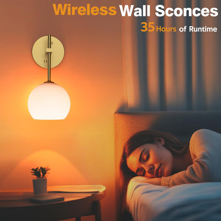 Rechargeable Wall Light Indoor,Battery Operated Wall Lamp with Remote,Indoor Wall Light with 3 Color Modes and RGB,Frosted Glass Wall Mounted Lamp for Living Room Bedrooms 2 Pack (Gold).