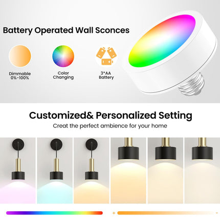 Battery Operated Wall Sconce Set of 2, Dimmable RGB Wall Sconce with Remote Indoor Battery Powered Wall Lamp Light for Bedroom Living Room.