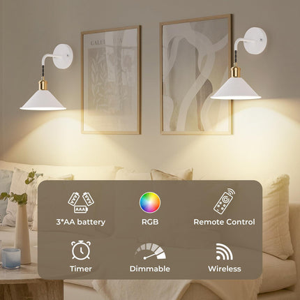 Battery Operated Wall Sconce, Wireless Wall Lights Set of 2, 13 RGB Colors Dimmable Battery Powered Wall Lamp with Remote, Memory Function, Timer for Bedroom, Living Room.