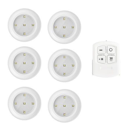 6 LED Light Set with Remote - Cool White for Cabinets & Displays.
