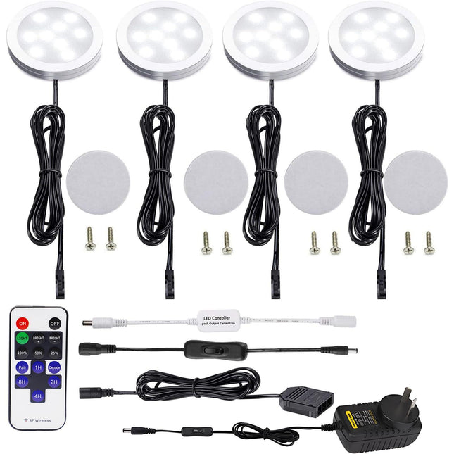 Dimmable & Timing Under Counter Lights Kitchen with Wireless RF Remote,Ultra-Thin 240V LED Cabinet Lights,12W Shelf Lights，4 Lights,Daylight White.