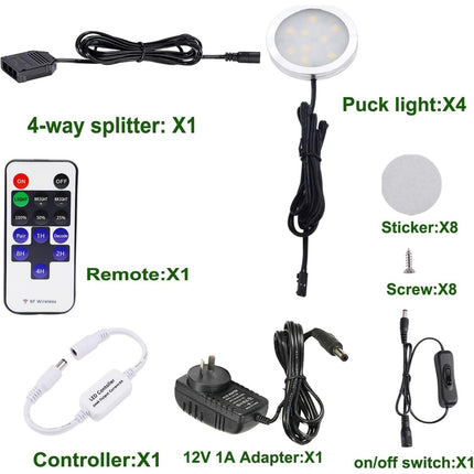 Dimmable & Timing Under Counter Lights Kitchen with Wireless RF Remote,Ultra-Thin 240V LED Cabinet Lights,12W Shelf Lights，4 Lights,Daylight White.
