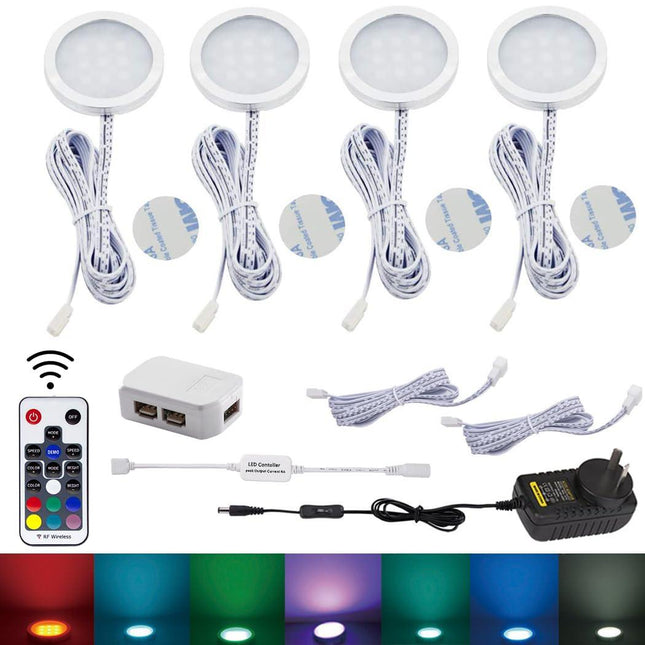 RGB Color Changing LED Under Cabinet Lighting Kit 4 Packs Aluminum Slim Cabinet LED Puck Lights for Kitchen Counter Wardrobe Counter Furniture Shelf Ambiance Christmas Xmas Decoration Lighting.