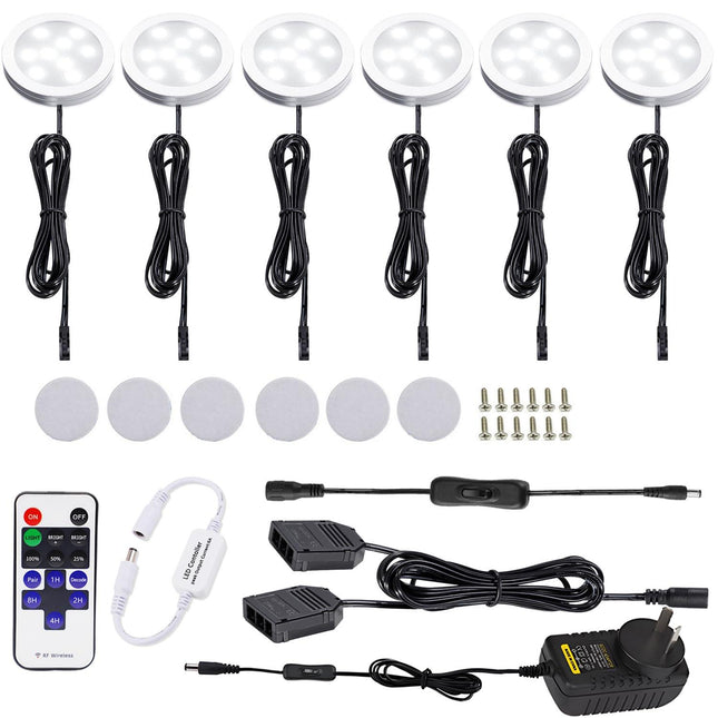 Dimmable & Timing Under Counter Lights Kitchen with Wireless RF Remote,Ultra-Thin 240V LED Cabinet Lights,12W Shelf Lights，6 Lights,Daylight White.