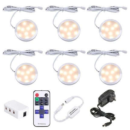 Dimmable LED Under Cabinet Lighting, Counter Showcase Kitchen Lighting Fixtures with 12V Plug in Adapter and Dimmable Wireless Remote Control, 6 Ultra Slim Puck Lights Kit.