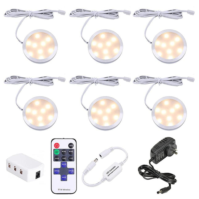 Dimmable LED Under Cabinet Lighting, Counter Showcase Kitchen Lighting Fixtures with 12V Plug in Adapter and Dimmable Wireless Remote Control, 6 Ultra Slim Puck Lights Kit.