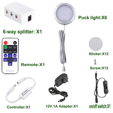 Dimmable LED Under Cabinet Lighting, Counter Showcase Kitchen Lighting Fixtures with 12V Plug in Adapter and Dimmable Wireless Remote Control, 6 Ultra Slim Puck Lights Kit.
