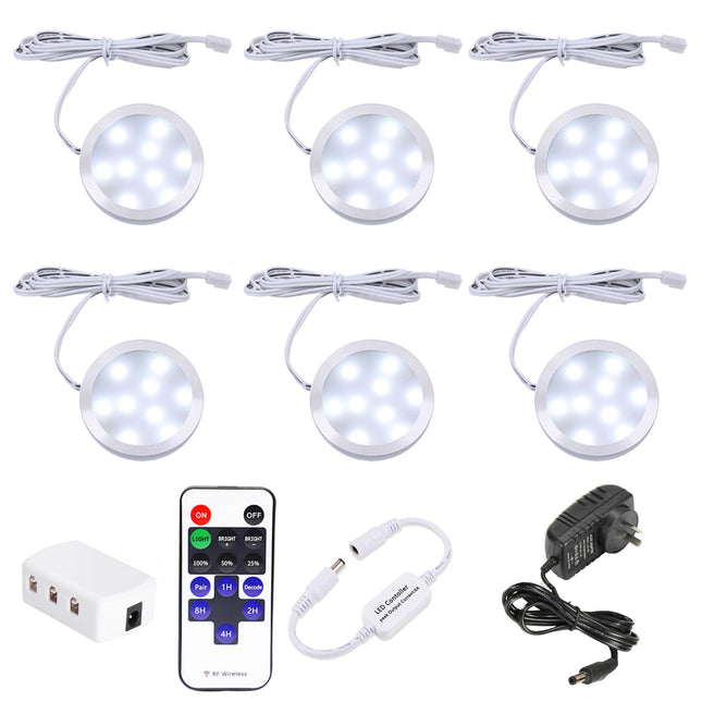 Dimmable LED Under Cabinet Lighting, Counter Showcase Kitchen Lighting Fixtures with 12V Plug in Adapter and Dimmable Wireless Remote Control, 6 Ultra Slim Puck Lights Kit (Daylight White).