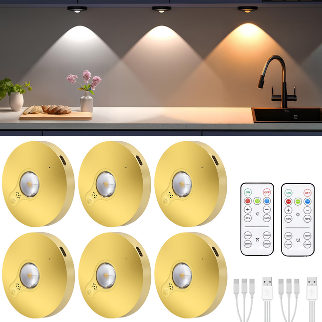 6 Lights LED Rechargeable Slim Cabinet Light, 2cm, Remote Control, Magnetic Mount.