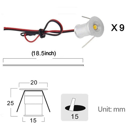 12V Under Cabinet LED Lights 9 Packs of Recessed Mini Downlights with Hardwired Cable and Connectors for Indoor Cupboard Bookshelf Stair Lighting (Cool White).