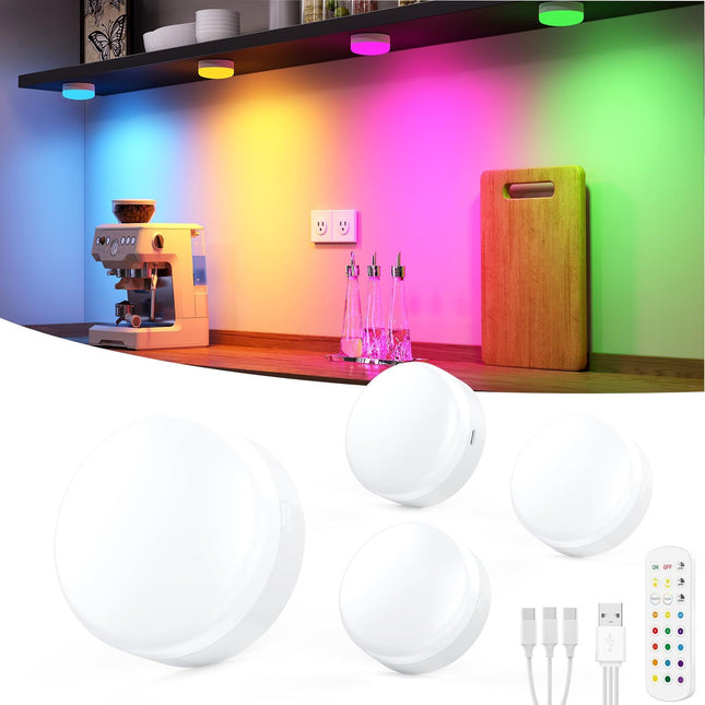Puck Lights with Remote Control, 4-Pack Wireless Stick On Lights for Under Cabinet, Closet, Bedroom, Staircase & Bookshelf, 3000mAh Battery Operated Color Changing Lighting (RGB&CCT).