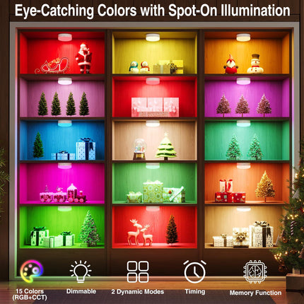 Puck Lights with Remote Control, 4-Pack Wireless Stick On Lights for Under Cabinet, Closet, Bedroom, Staircase & Bookshelf, 3000mAh Battery Operated Color Changing Lighting (RGB&CCT).