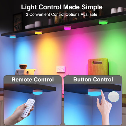Puck Lights with Remote Control, 4-Pack Wireless Stick On Lights for Under Cabinet, Closet, Bedroom, Staircase & Bookshelf, 3000mAh Battery Operated Color Changing Lighting (RGB&CCT).
