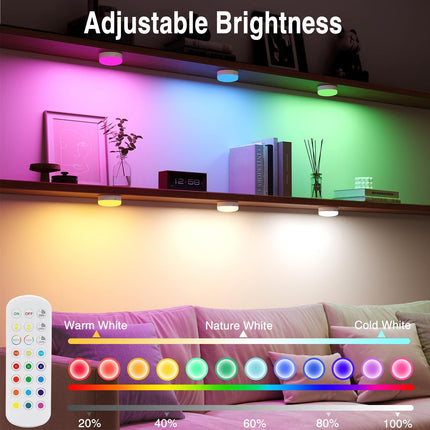 Puck Lights with Remote Control, 4-Pack Wireless Stick On Lights for Under Cabinet, Closet, Bedroom, Staircase & Bookshelf, 3000mAh Battery Operated Color Changing Lighting (RGB&CCT).