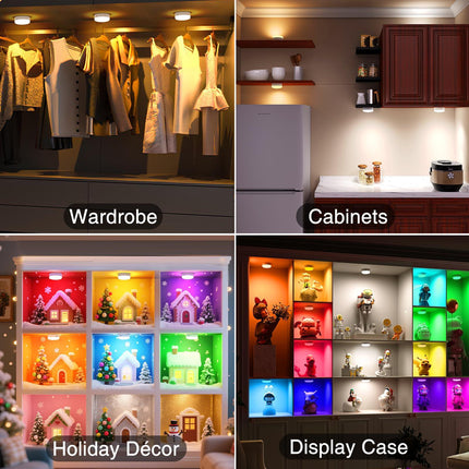 Puck Lights with Remote Control, 4-Pack Wireless Stick On Lights for Under Cabinet, Closet, Bedroom, Staircase & Bookshelf, 3000mAh Battery Operated Color Changing Lighting (RGB&CCT).