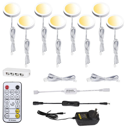 LED Under Cabinet Puck Lights CCT Light Color Temperature Adjustable Warm+White Double Color with Dimmable RF Remote Controller for Kitchen Shelf Ambiance Display Lighting (8 Lights, 24W).