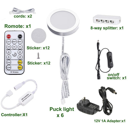 LED Under Cabinet Puck Lights CCT Light Color Temperature Adjustable Warm+White Double Color with Dimmable RF Remote Controller for Kitchen Shelf Ambiance Display Lighting (8 Lights, 24W).