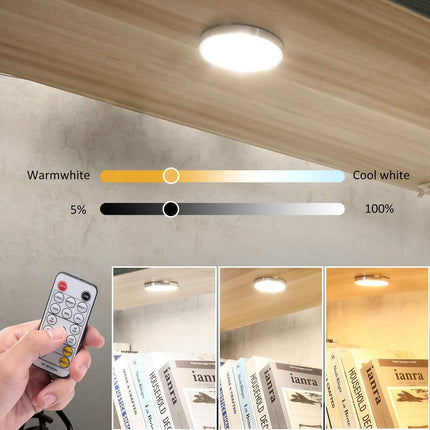 LED Under Cabinet Puck Lights CCT Light Color Temperature Adjustable Warm+White Double Color with Dimmable RF Remote Controller for Kitchen Shelf Ambiance Display Lighting (8 Lights, 24W).