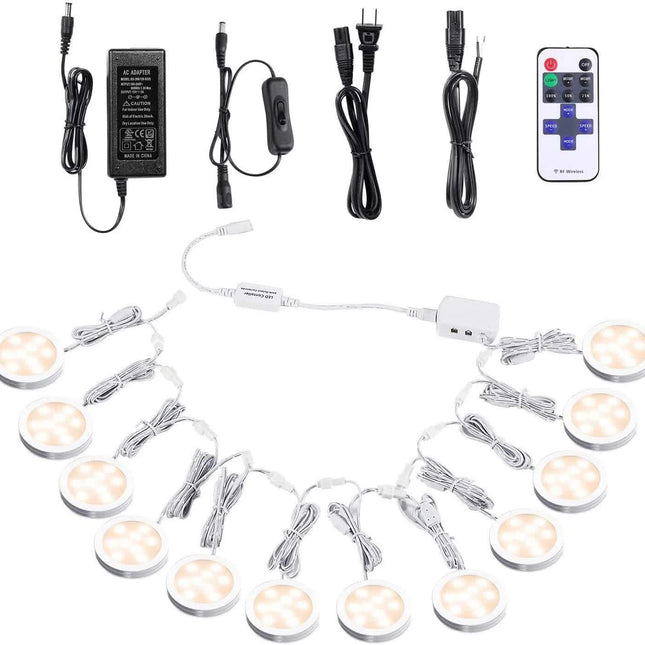 Linkable Under Cabinet LED Lighting 12V Dimmable Puck Lights with Wireless RF Remote Control, Hardwired & Wall Plug in for Kitchen Mood Lighting,Warm White.