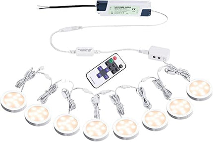 Linkable Under Cabinet LED Lighting 12V Dimmable Puck Lights Hardwired with Wireless RF Remote Control for Kitchen Mood Lighting(8 Lights, Warm White).