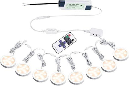 Linkable Under Cabinet LED Lighting 12V Dimmable Puck Lights Hardwired with Wireless RF Remote Control for Kitchen Mood Lighting(8 Lights, Warm White).