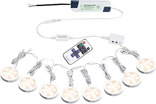 Linkable Under Cabinet LED Lighting 12V Dimmable Puck Lights Hardwired with Wireless RF Remote Control for Kitchen Mood Lighting(8 Lights, Warm White).