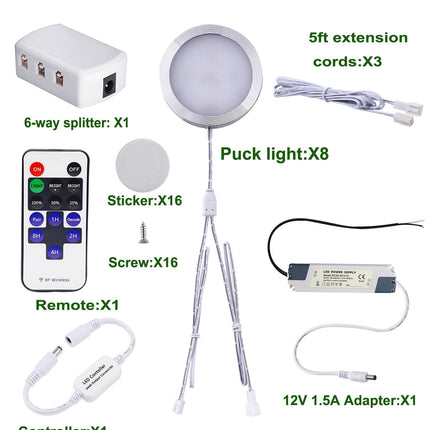 Linkable Under Cabinet LED Lighting 12V Dimmable Puck Lights Hardwired with Wireless RF Remote Control for Kitchen Mood Lighting(8 Lights, Warm White).