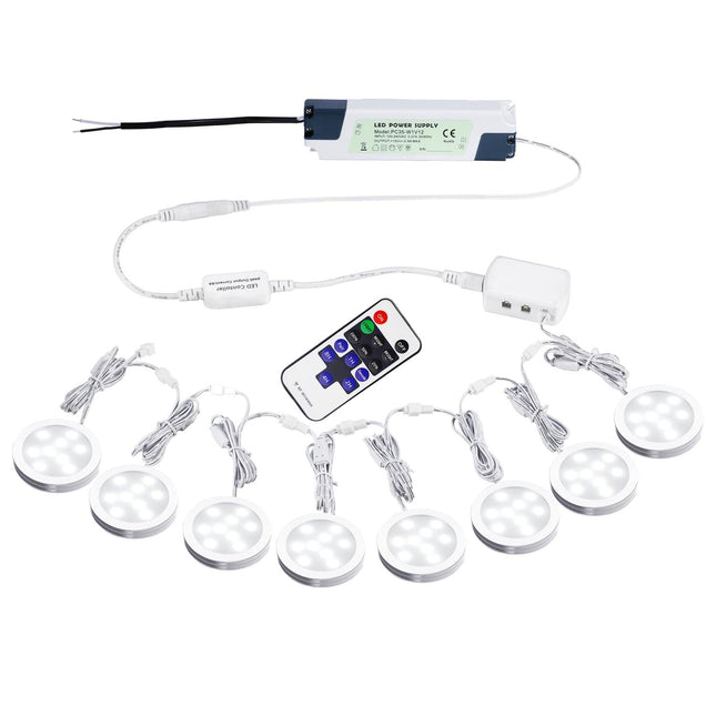Linkable Under Cabinet LED Lighting 12V Slim Aluminum Dimmable Puck Lights Direct Wired with RF Remote Control for Kitchen Lighting(8pack Daylight White).
