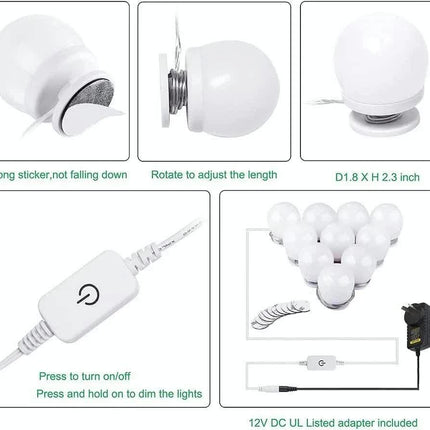 Hollywood LED Vanity Mirror Lights Kit,Stick on Dimmable Makeup Lights, 12V Mirror Lighting Strip Fixture for Vanity Dressing Table Set, Bedroom Wall Lights,CRI>90 (4000K Natural White,10 Bulbs).