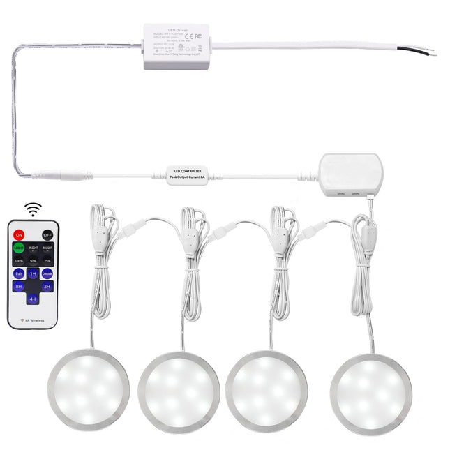 Linkable Under Cabinet LED Lighting 12V Slim Aluminum Dimmable Puck Lights Direct Wired with RF Remote Control for Kitchen Lighting(4pack, Daylight White).