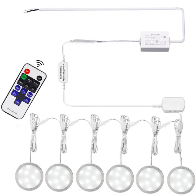 Linkable Under Cabinet LED Lighting 12V Slim Aluminum Dimmable Puck Lights Direct Wired with RF Remote Control for Kitchen Lighting(6pack,Daylight White).