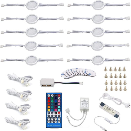 Under Counter LED Light Kit, RGBW Under Cabinet Lighting, 10 Packs Colored Cabinet Lights with Wireless 40-Key IR Dimmable Remote Control (10 Lights).