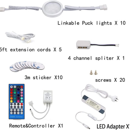 Under Counter LED Light Kit, RGBW Under Cabinet Lighting, 10 Packs Colored Cabinet Lights with Wireless 40-Key IR Dimmable Remote Control (10 Lights).