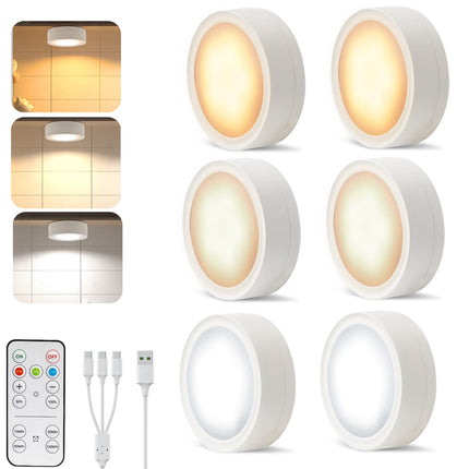 Pack of 6 Under-Unit Lights Kitchen LED Cabinet Lighting Wireless with Remote Control Cabinet Lighting Rechargeable Battery Dimmable Under Cabinet Light for Showcases, Wine Cabinet.