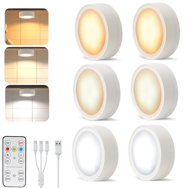 Pack of 6 Under-Unit Lights Kitchen LED Cabinet Lighting Wireless with Remote Control Cabinet Lighting Rechargeable Battery Dimmable Under Cabinet Light for Showcases, Wine Cabinet.