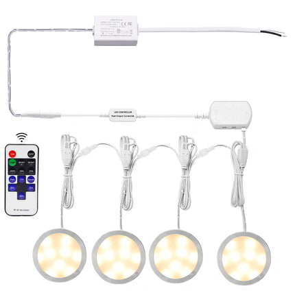 Linkable Under Cabinet LED Lighting 12V Dimmable Puck Lights Hardwired with Wireless RF Remote Control for Kitchen Mood Lighting(4 Lights, Warm White).