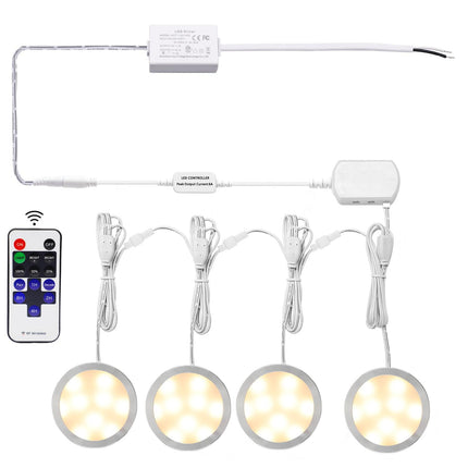 Linkable Under Cabinet LED Lighting 12V Dimmable Puck Lights Hardwired with Wireless RF Remote Control for Kitchen Mood Lighting(4 Lights, Warm White).