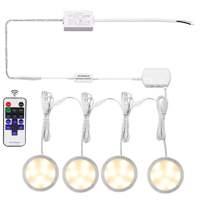 Linkable Under Cabinet LED Lighting 12V Dimmable Puck Lights Hardwired with Wireless RF Remote Control for Kitchen Mood Lighting(4 Lights, Warm White).
