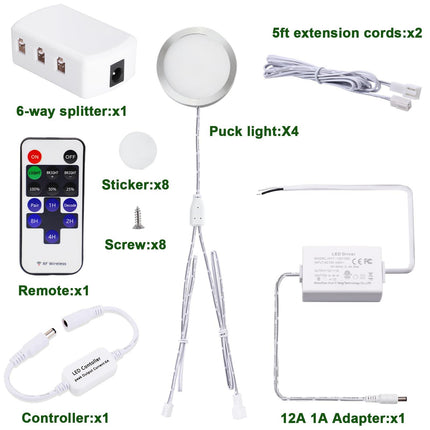 Linkable Under Cabinet LED Lighting 12V Dimmable Puck Lights Hardwired with Wireless RF Remote Control for Kitchen Mood Lighting(4 Lights, Warm White).
