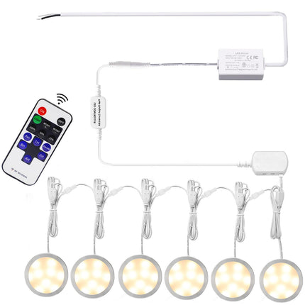 Linkable Under Cabinet LED Lighting 12V Dimmable Puck Lights Hardwired with Wireless RF Remote Control for Kitchen Mood Lighting(6 Lights, Warm White).