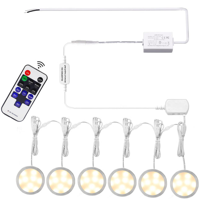 Linkable Under Cabinet LED Lighting 12V Dimmable Puck Lights Hardwired with Wireless RF Remote Control for Kitchen Mood Lighting(6 Lights, Warm White).