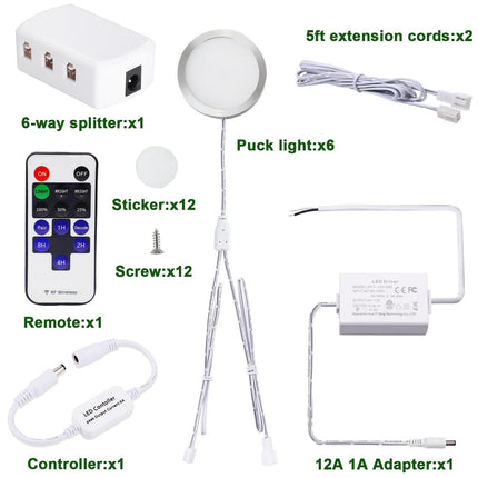 Linkable Under Cabinet LED Lighting 12V Dimmable Puck Lights Hardwired with Wireless RF Remote Control for Kitchen Mood Lighting(6 Lights, Warm White).