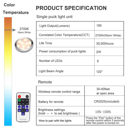 Linkable Under Cabinet LED Lighting 12V Dimmable Puck Lights Hardwired with Wireless RF Remote Control for Kitchen Mood Lighting(6 Lights, Warm White).
