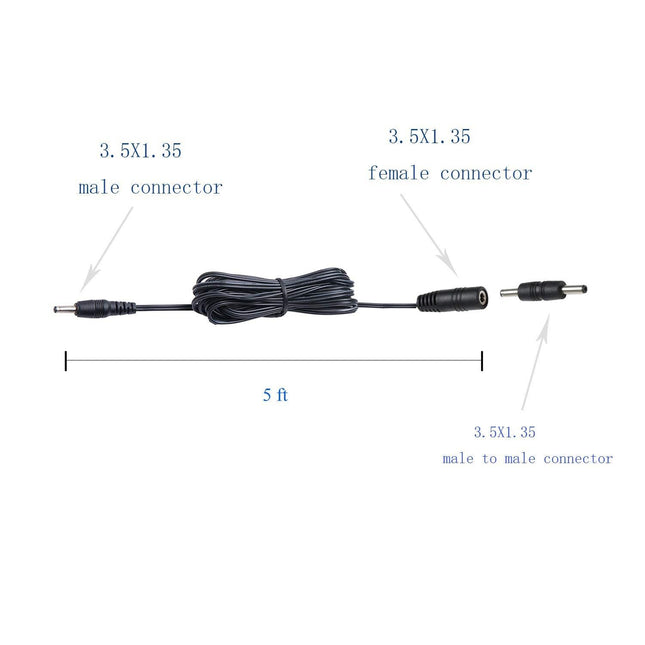 3.5X1.35 DC Connector for AIBOO Single White Kitchen Light Bar, 22AWG,Black Extension Cords,5ft.(3.5 X 1.35 mm Black Cords,4 Packs).