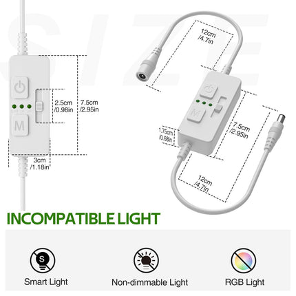 Single Color Slider Dimmer with Timer - PWM 1pc DC 5V/12V/24V LED Controller, 36W Max, Slide Brightness Control & Auto-Off for LED Strip Lights, Closet, Counter, Aquarium Lighting (White).
