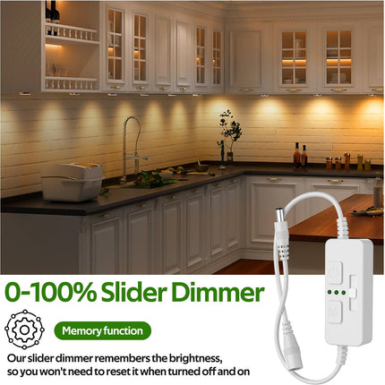 Single Color Slider Dimmer with Timer - PWM 1pc DC 5V/12V/24V LED Controller, 36W Max, Slide Brightness Control & Auto-Off for LED Strip Lights, Closet, Counter, Aquarium Lighting (White).