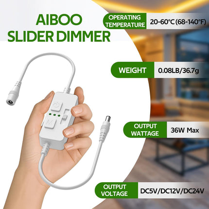Single Color Slider Dimmer with Timer - PWM 1pc DC 5V/12V/24V LED Controller, 36W Max, Slide Brightness Control & Auto-Off for LED Strip Lights, Closet, Counter, Aquarium Lighting (White).